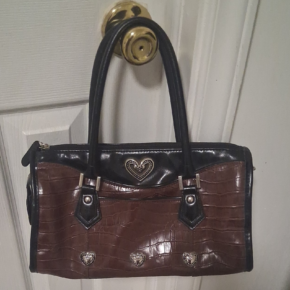 Brighton Black and Brown Satchel with Heart Accents